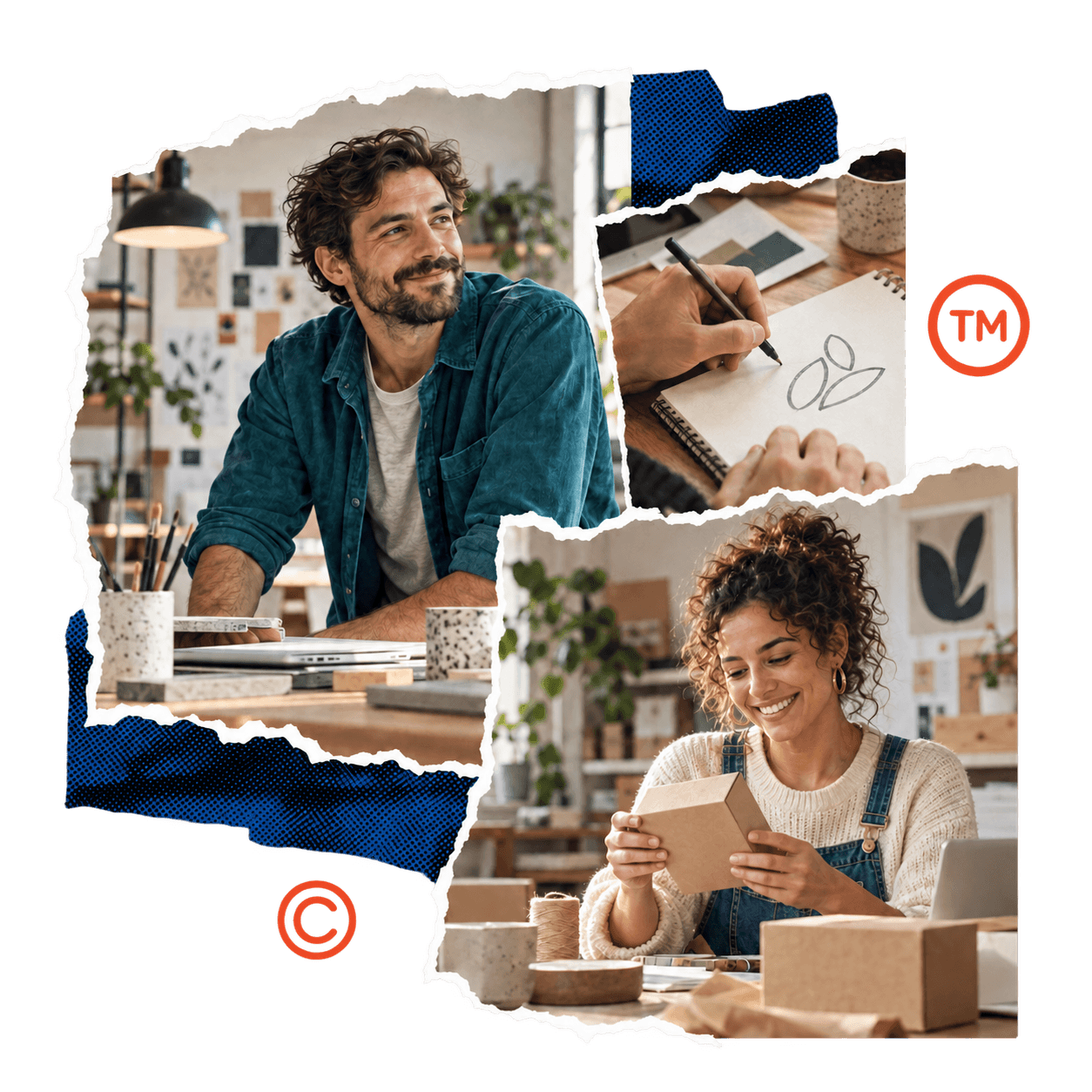 Collage von Kreativen bei der Arbeit: Logoentwurf und Verpackungsgestaltung